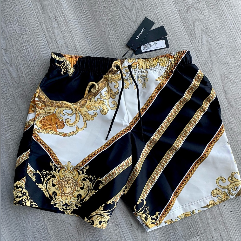 Authentic,NWT, Sz 4, Black/Gold Versace Swim Shorts with Drawstrings & Pockets
